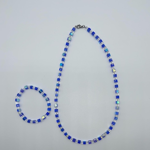 Handmade Glass Cube Bead Necklace & Bracelet Set - Picture 1 of 14